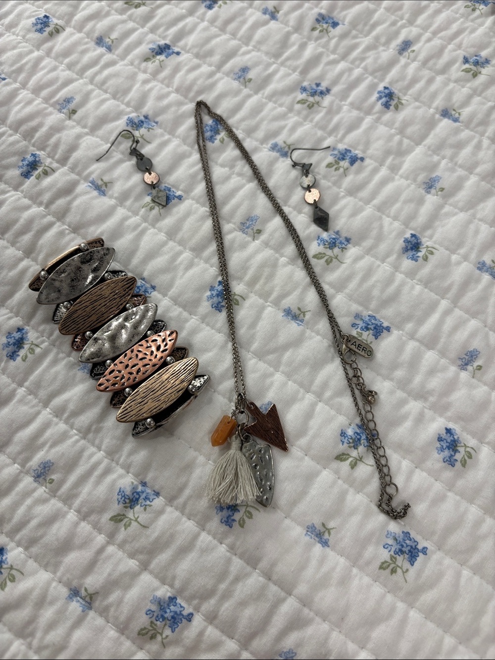 Aeropostale Mixed Silver and Rose Gold Layered Charm Necklace with Tassel